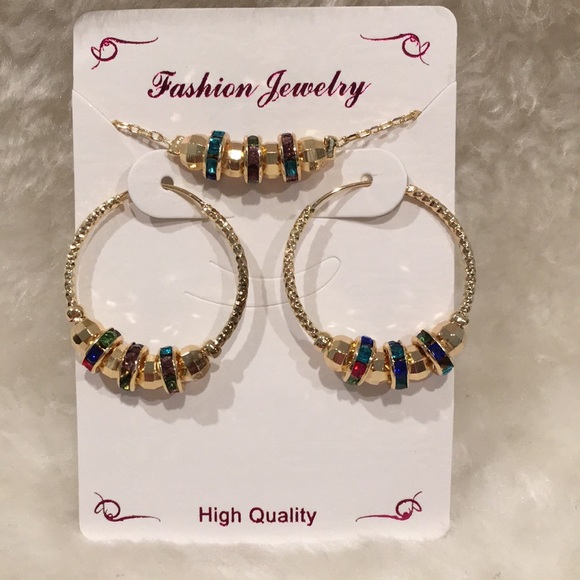 Multi Color Rhinestone Hoop Earrings & Necklace Set - Picture 5 of 6